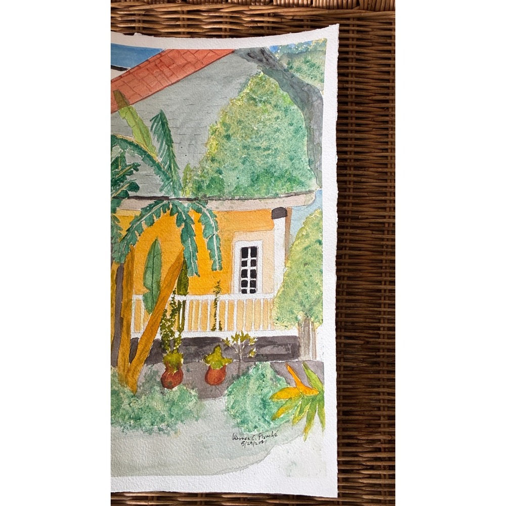 Warren C Plauché House with Banana Trees Original Watercolor Painting 2021 11x15 - Picture 3 of 7